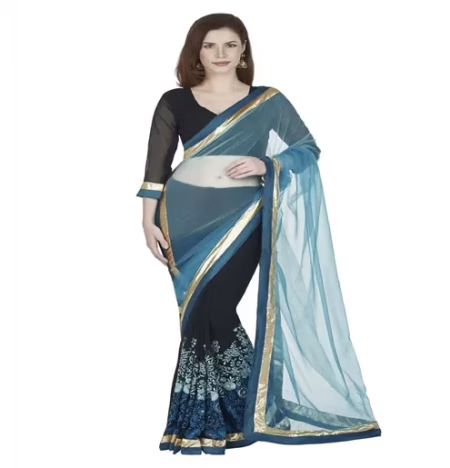 Hi-Fashion Black Chiffon Net Embroidered Work Saree