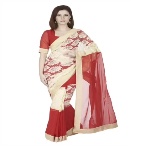 Hi-Fashion Red Chiffon Net Border Lace Work Saree