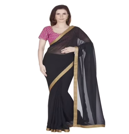 Hi-Fashion Black Georgette Border Lace Work Saree