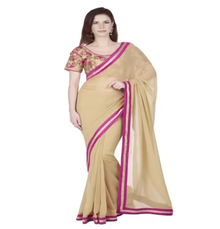 Hi-Fashion Beige Georgette Border Lace Work Saree