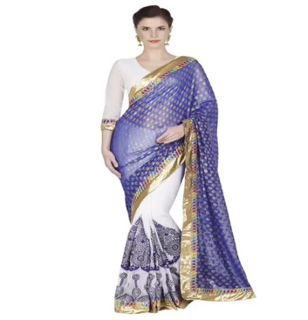 Hi-Fashion Blue Georgette Chiffon Embroidered Work Saree