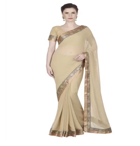 Hi-Fashion Beige Chiffon Embroidered Work Saree