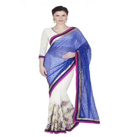 Hi-Fashion White Chiffon Brasso Embroidered Work Saree
