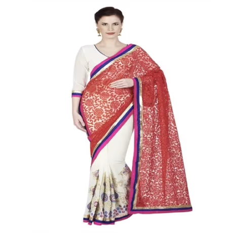 Hi-Fashion White Chiffon Brasso Embroidered Work Saree