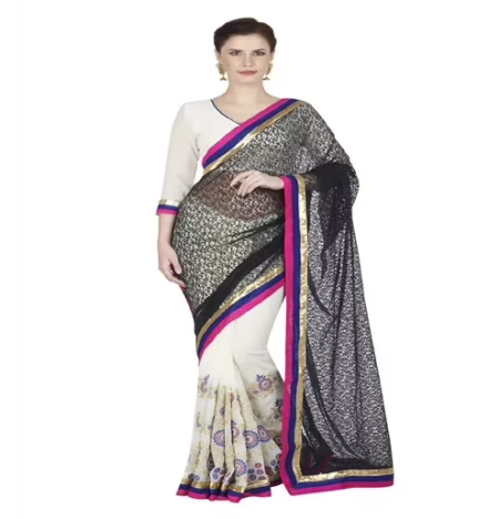 Hi-Fashion White Chiffon Net Embroidered Work Saree