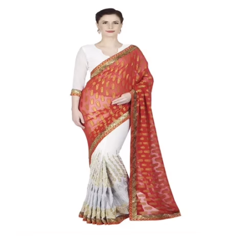 Hi-Fashion White Georgette,Chiffon Embroidered Work Saree