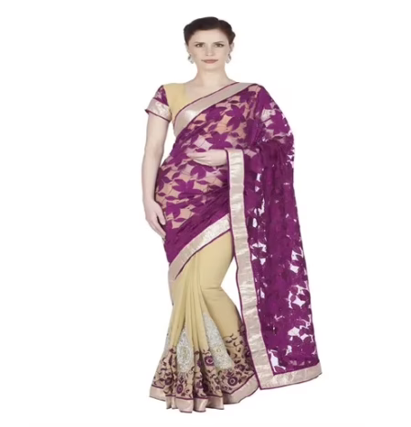 Hi-Fashion Violet Chiffon,Net Embroidered Work Saree
