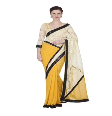 Hi-Fashion Yellow Chiffon Net Border Lace Work Saree