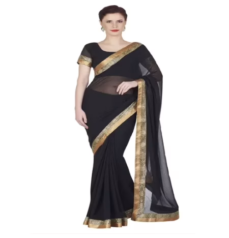 Hi-Fashion Black Chiffon Border Lace Work Saree