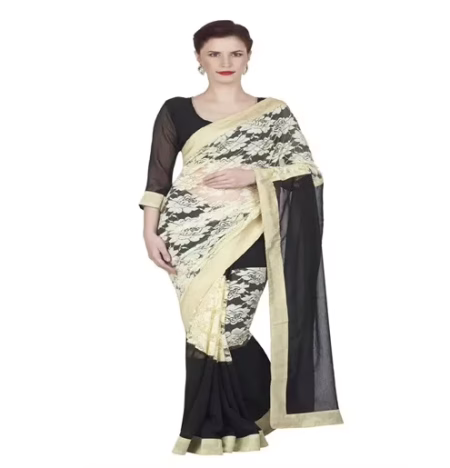 Hi-Fashion Black Chiffon Net Border Lace Work Work Saree
