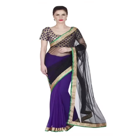 Hi-Fashion Purple Chiffon Net Border Lace Work Work Saree