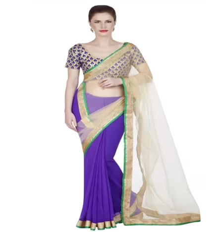 Hi-Fashion Purple Chiffon Net Border Lace Work Saree