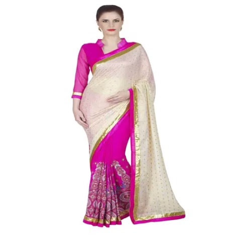 Hi-Fashion Pink Chiffon Embroidered Work Saree