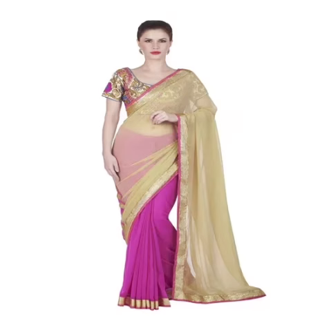 Hi-Fashion Pink Georgette Border Lace Work Work Saree