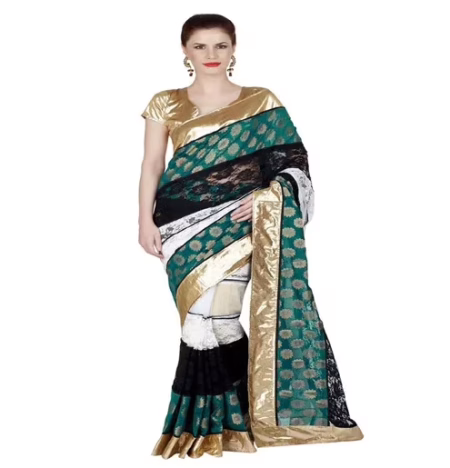 Hi-Fashion Multi Colour Jacquard Net Border Lace Work Saree