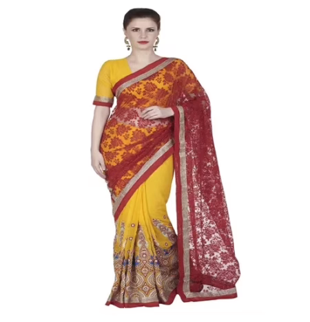 Hi-Fashion Yellow Chiffon Brasso Embroidered Work Saree