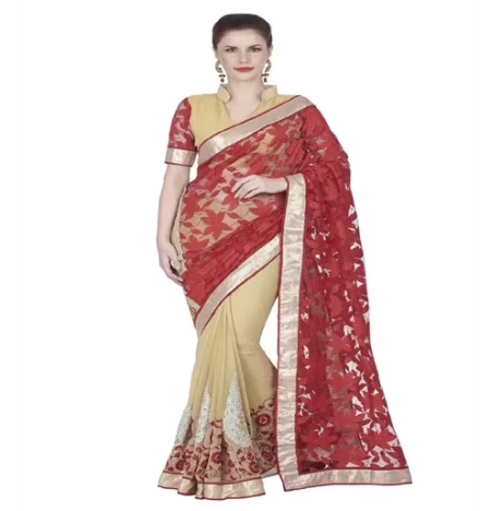 Hi-Fashion Cram Chiffon Brasso Embroidered Work Saree