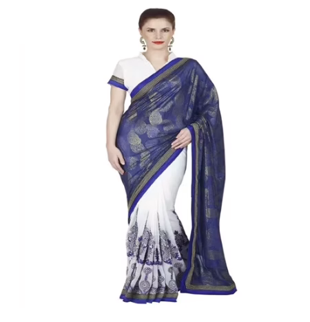Hi-Fashion White Georgette Chiffon Embroidered Work Saree