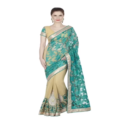 Hi-Fashion Cream Chiffon Net Embroidered Work Saree