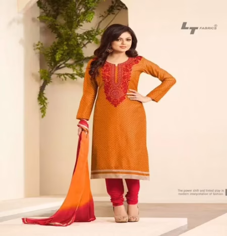 Hi-Fashion Embroidered Mustard With Red Designer Straight Suit