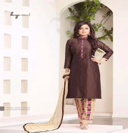 Hi-Fashion Embroidered Brown With Cream Designer Straight Suit