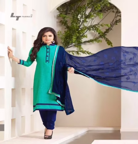 Hi-Fashion Embroidered Sea-Green With Navy Designer Straight Suit