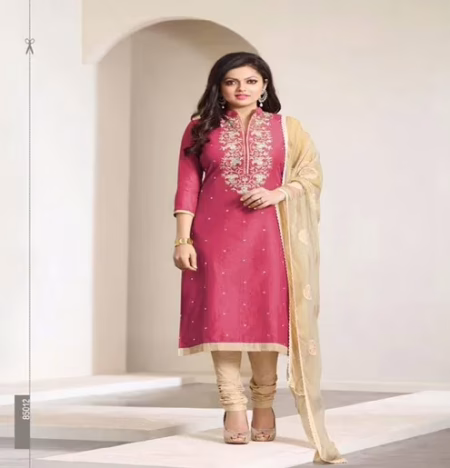 Hi-Fashion Embroidered Pink With Beige Designer Straight Suit