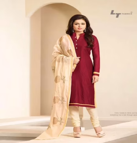 Hi-Fashion Embroidered Maroon With Cream Designer Straight Suit