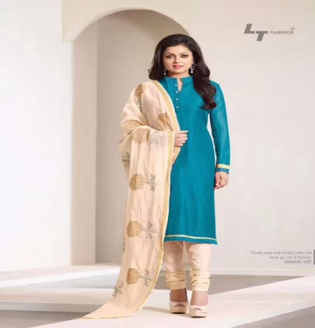 Hi-Fashion Embroidered Blue With Cream Designer Straight Suit