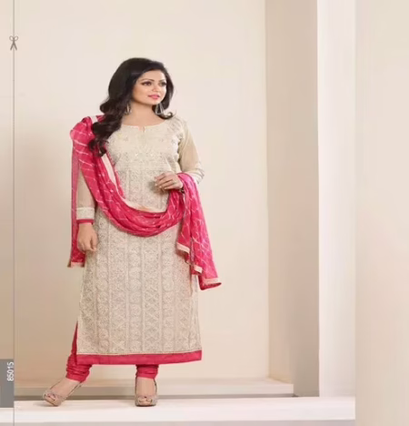 Hi-Fashion Embroidered Cream With Pink Designer Straight Suit