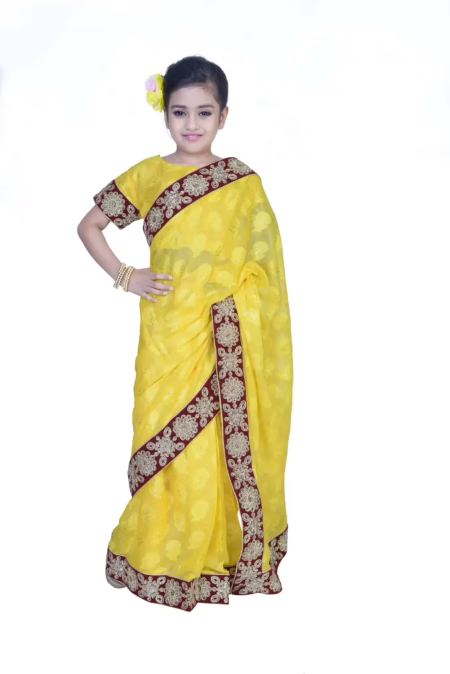 Pazaar Lemon Yellow embroidered party kids wear saree