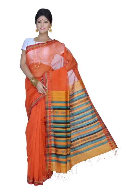 Pazaar Pumpkin Orange Festival Saree With Matching Blouse Piece