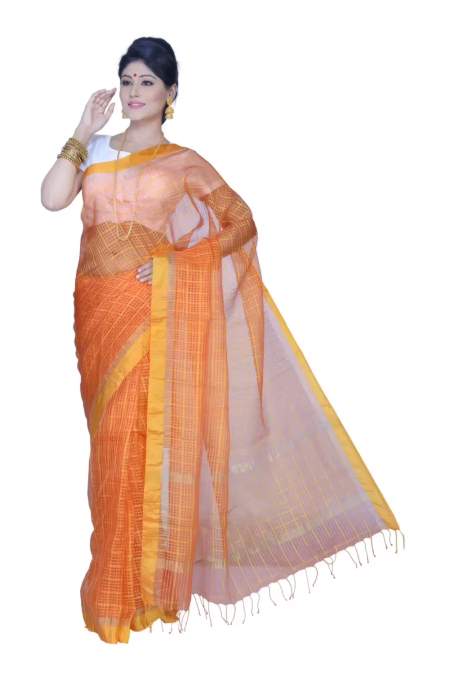 Pazaar Off White & Orange Festival Saree With Matching Blouse Piece