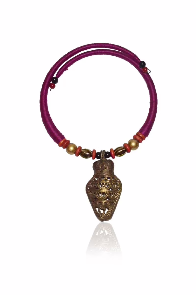 Pazaar Red Violet and Golden Dokra Festival Necklace