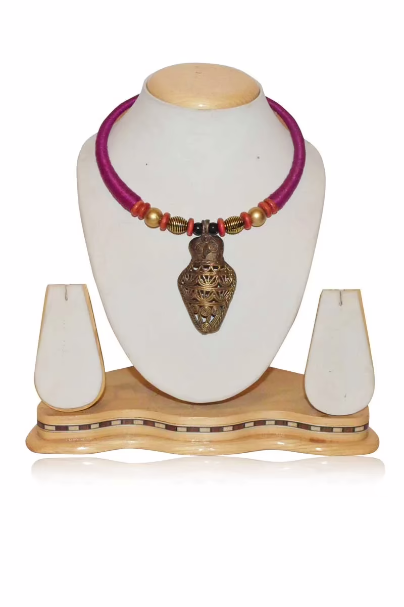 Pazaar Red Violet and Golden Dokra Festival Necklace