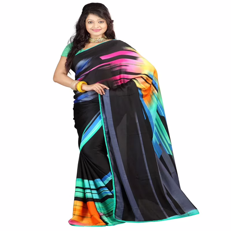 Lookslady Printed Black Satin Georgette Saree