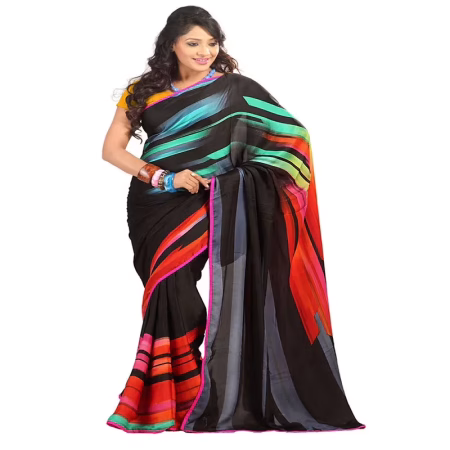Lookslady Printed Black Satin Georgette Saree
