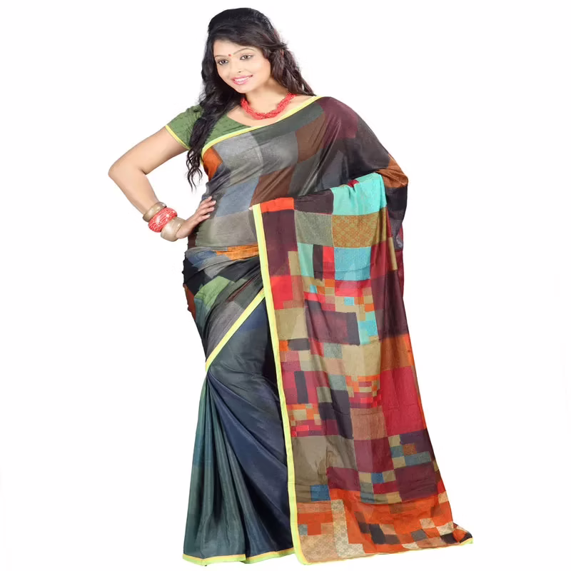 Lookslady Printed Grey & Orange Silk Crepe Saree