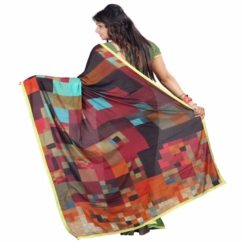 Lookslady Printed Grey & Orange Silk Crepe Saree