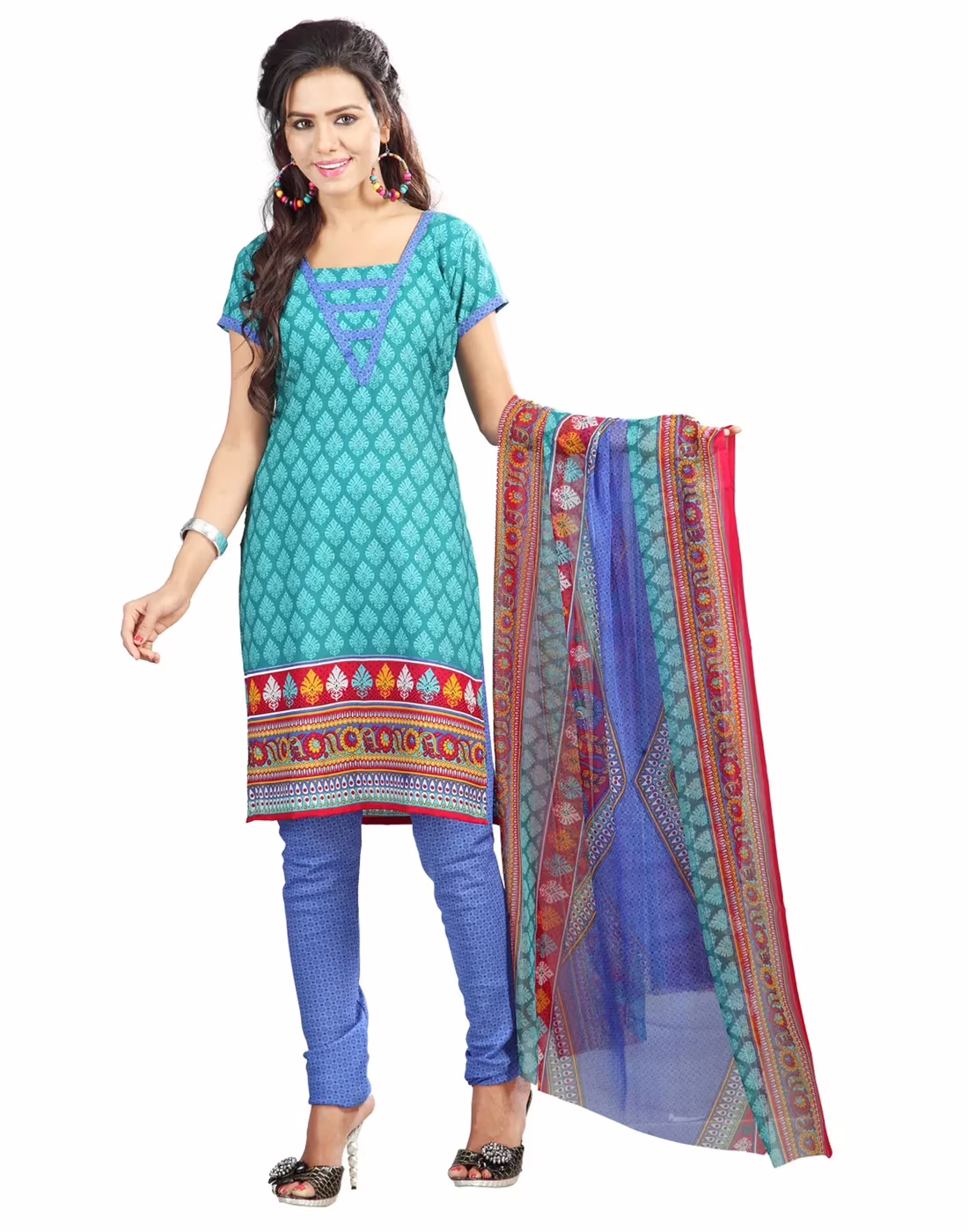 Lookslady Printed Turquoise crepe Dress-Material