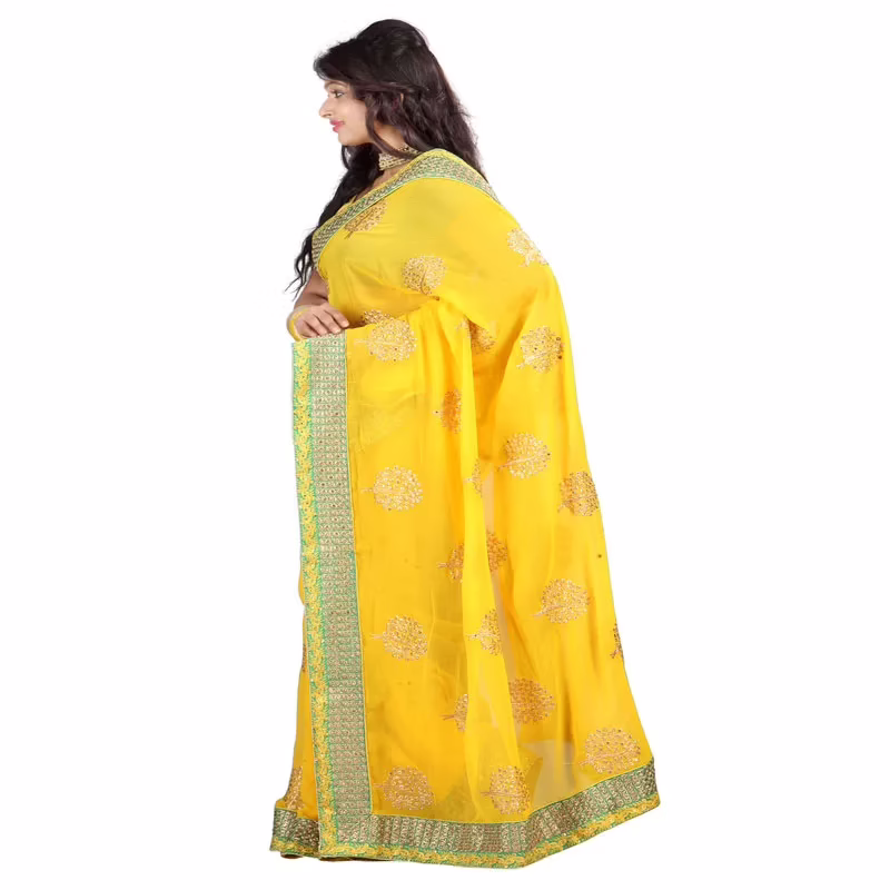 Lookslady Embroidered Yellow Chiffon Saree