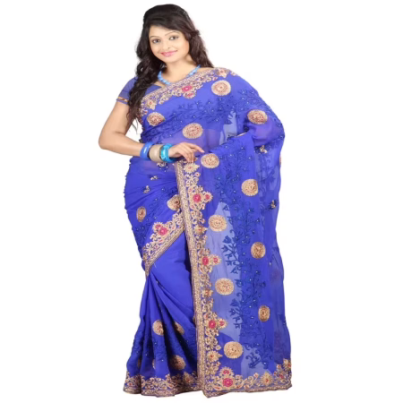Lookslady Embroidered Blue Chiffon Saree