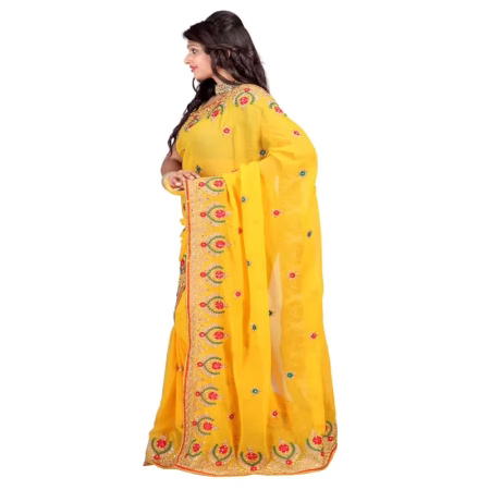 Lookslady Embroidered Yellow Chiffon Saree
