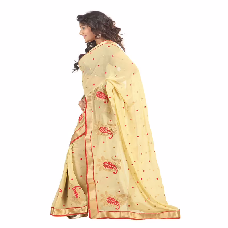 Lookslady Embroidered Beige Chiffon Saree
