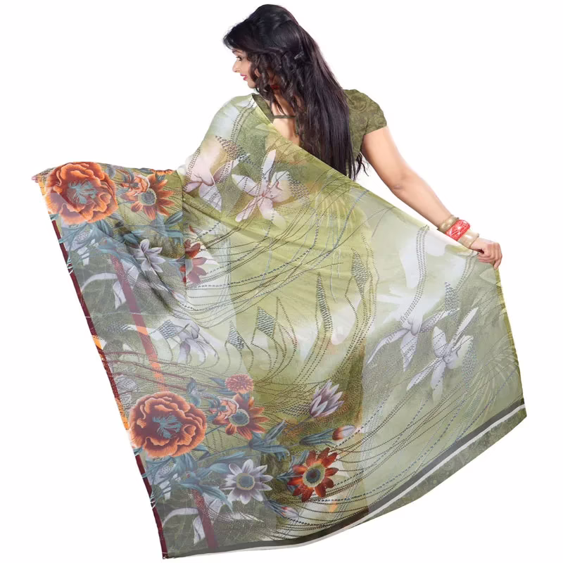 Lookslady Printed Green Chiffon Saree