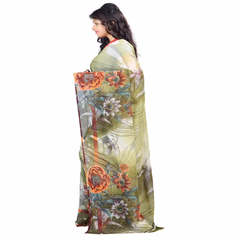 Lookslady Printed Green Chiffon Saree