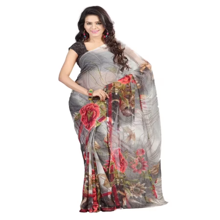Lookslady Printed Grey Chiffon Saree