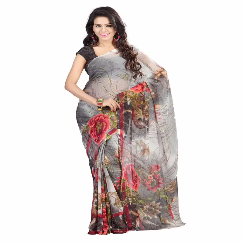 Lookslady Printed Grey Chiffon Saree