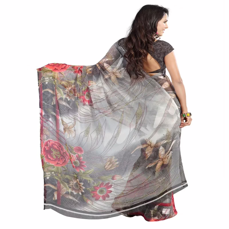 Lookslady Printed Grey Chiffon Saree