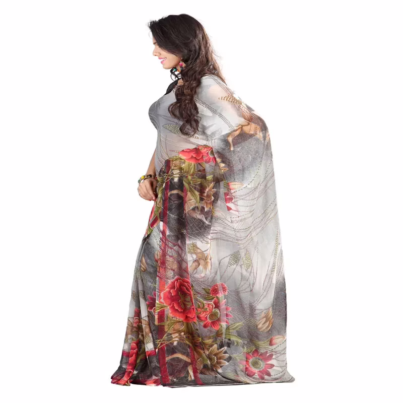 Lookslady Printed Grey Chiffon Saree
